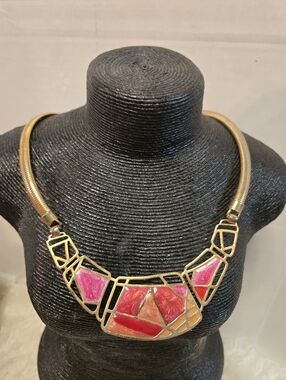 Vintage Gold-Tone Necklace with Pink and Red Inlays